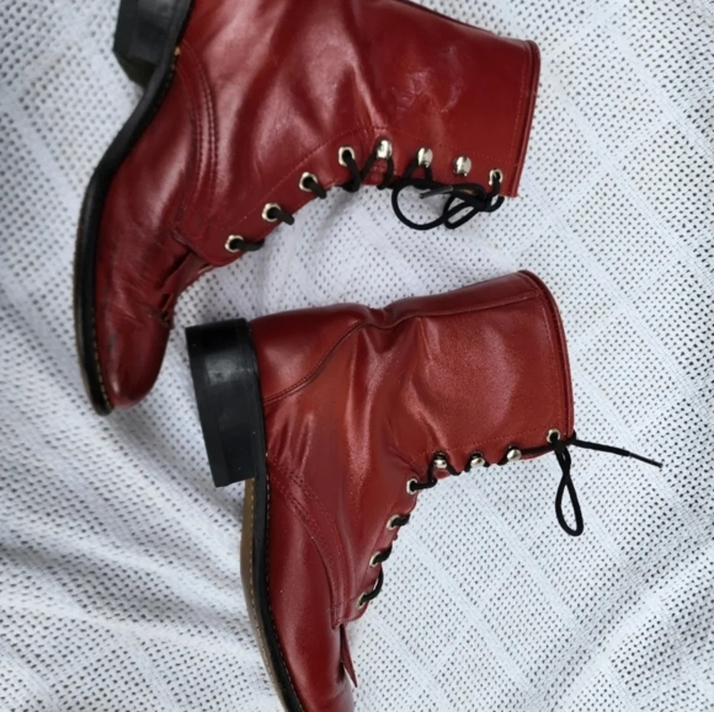 Laredo Red Leather Kiltie Ankle Boots Womens Size 6.5 Lace Up Western Retro Stat - Picture 12 of 16